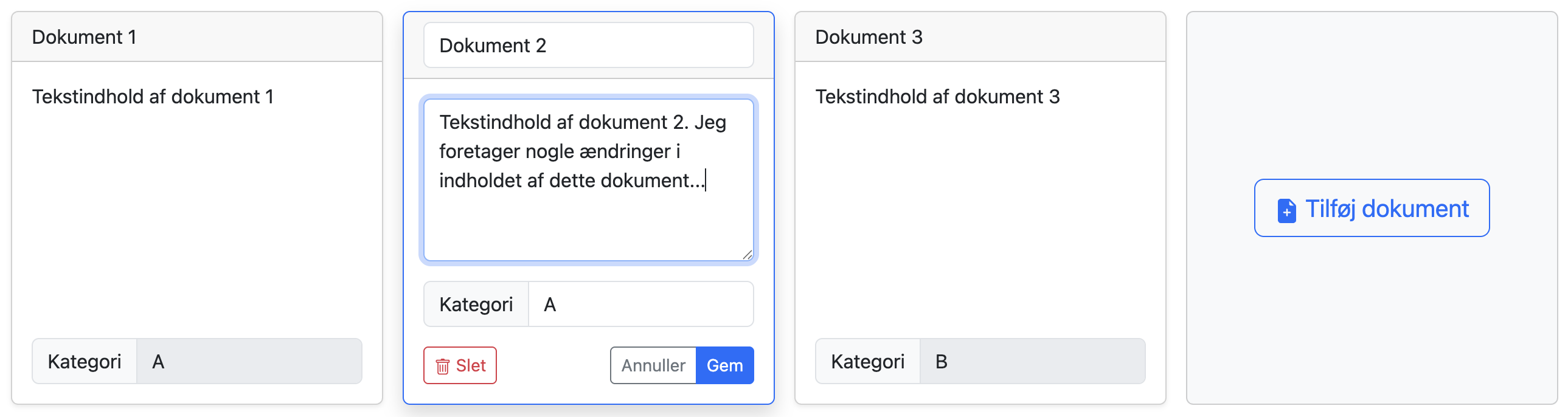 3 dokumenter med et i redigeringstilstand
